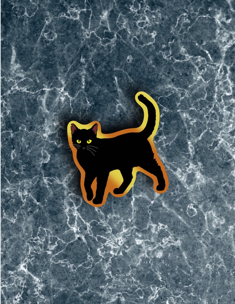 May include: A black cat with yellow eyes is walking on a gray and white marble background. The cat is outlined in a yellow glow.