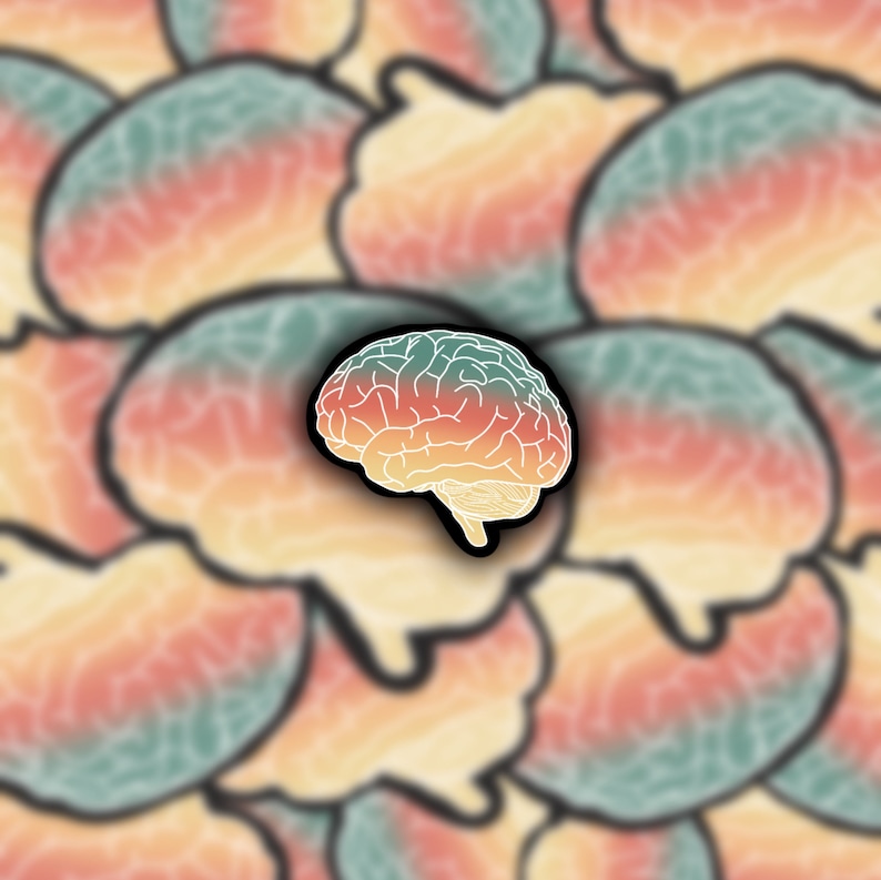 May include: A sticker of a white outline of a brain with a gradient background of yellow, orange, red, and blue. The sticker is on a background of many other similar stickers.