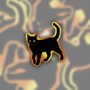 May include: A black cat sticker with yellow eyes. The cat is walking with its tail up in the air.