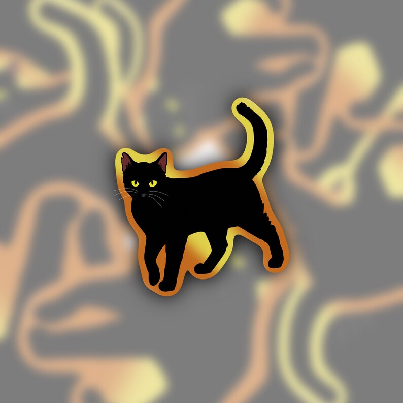 May include: A black cat sticker with yellow eyes. The cat is walking with its tail up in the air.
