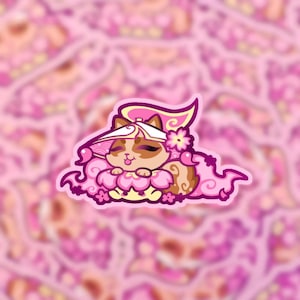 May include: A pink and white cartoon cat wearing a pink and gold hat with cherry blossoms. The cat is holding a pink flower in its paws and has a pink and white cloud behind it.