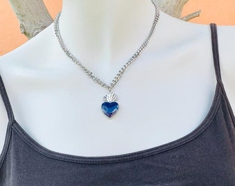 Blue Sacred Heart Boho Style Necklace, Sacred Heart Pendant, Ex voto, Boho Jewelry, Heart Necklace, Sacred Heart Choker, Boho,