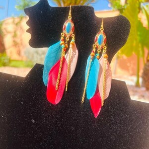 feather earrings, boho gift, bohemian earrings, tassel earrings, plated wire gold, gift for her, ethnic earrings, earrings, festival jewelry