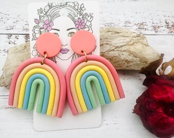 Synthetic polymer clay rainbow earrings, pastel rainbow color, geometric rainbow bow earrings, PVC clay earrings, imitation clay rainbow