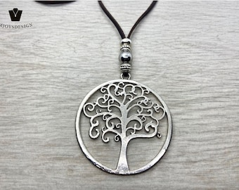 Tree of life pendant necklace, mystical necklaces in leather and silver color for women, long necklace boho jewelry trends