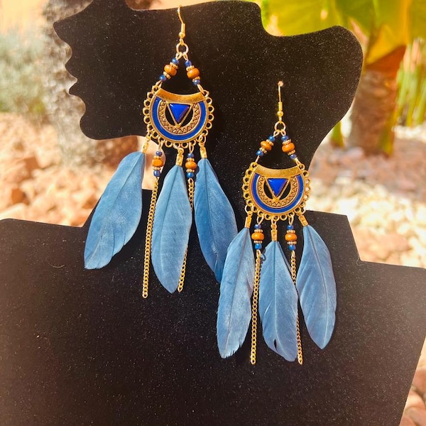 Feather Earrings,Boho Chic, Feather Dangle Earrings, Light Blue Color Earrings,Dangling Earrings, Boho Ethnic Chic