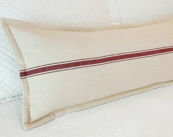 Burgundy Red Ticking Stripe Grain Sack Lumbar Pillow Cover (designed for 14"x36" insert, not included)