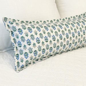 Blue Mughal Roses on Cream Floral Lumbar Pillow Cover | Designed for 14&quot;x36&quot; insert (Not included)