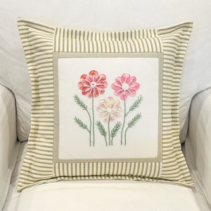 Hand Embroidered Floral and Green Ticking Stripe Pillow Cover | 16&quot;x16&quot; (insert not included)