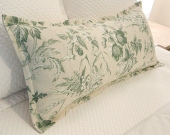 Green and Beige Floral Toile Lumbar Pillow Cover (designed for 14"x36" insert, not included)