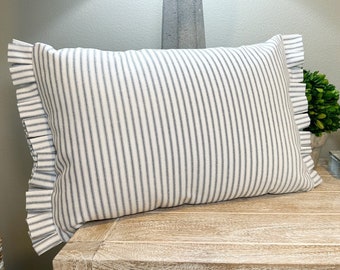 Blue and White Ticking Stripe Ruffle Pillow Cover | 14"x20" (insert not included)