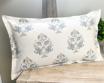Blue and Cream Block Print Lumbar Pillow Cover | 12"x20" (insert not included)