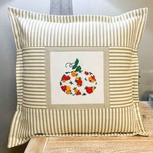 Hand Embroidered Pumpkin and Green Ticking Stripe Pillow Cover| 16&quot;x16&quot; (insert not included)
