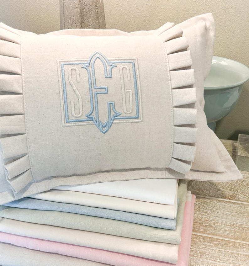 Monogrammed Linen Lumbar Pillow Cover with Ruffles | 12x18 (insert Not included)