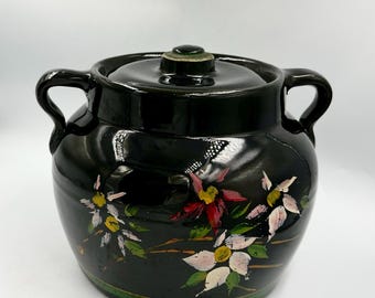 Tarro de cerámica negra Ransburg de 4 cuartos de galón, estilo vintage de la década de 1940 • Tarro tipo bote pintado a mano con motivos florales