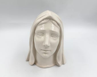 Jarrón de cerámica blanca vintage con la cabeza de la Virgen María • Maceta de la Virgen de mediados de siglo