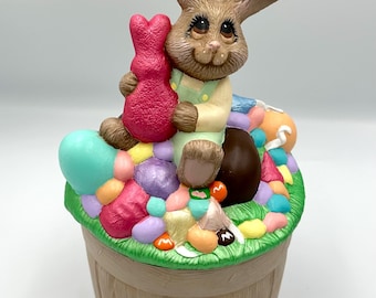 Vintage Easter Bunny Ceramic Candy Jar • 1980s Dona Mold