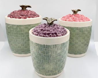 Vintage Pair of Ceramic Pottery Square Canister Fruit Floral Birds