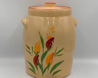 Antique Handpainted Stoneware Crock Cookie Jar • 1930s Yellow Ware Pottery Jug