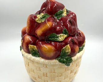 Tarro de cerámica vintage con forma de cesta de manzanas para galletas • Bote estilo cottagecore de los 90