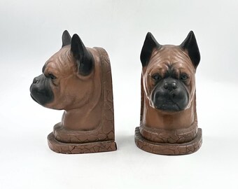 Vintage Chalkware Boxer Bookends • Mid-Century Plaster Dog Bust Statue Set