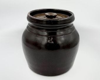 Antique 1880s Stoneware 2QT Bean Pot w/Lid • Primitive Brown Albany Slip Glaze Crock