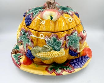Vintage Pumpkin Soup Tureen Set with Lid and Underplate • Fall Harvest Covered Dish Centerpiece