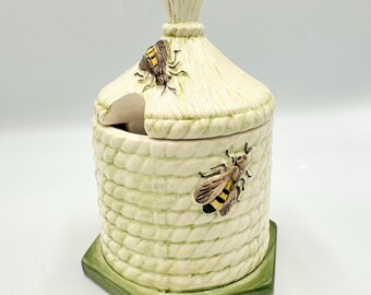 Vintage Beehive Honey Pot • 1930s Honeybee Sugar Bowl • Crown Devon England Collectible