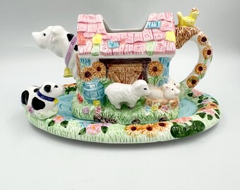 Vintage Novelty Barnyard Decor Creamer & Underplate • 90s Figural Farm Animal Decor