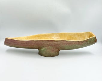 Vintage St. Clement France Faience Ceramic Centerpiece Bowl • MCM Boat Leaf Footed Dish