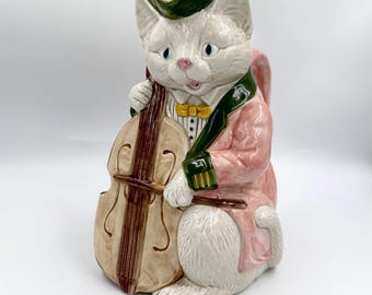 Jarra de cerámica o jarrón único de Fitz and Floyd, estilo vintage de 1986, con el diseño "El gato y el violín".