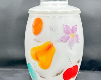 Vintage 1950s Bartlett Collins Cookie Jar  • Handpainted Milk Glass Canister