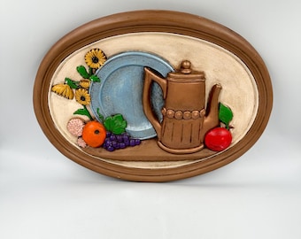 Vintage Mid Century Chalkware Plaque • 3D Kitchen Still Life Coffee Pot Fruit Sunflowers