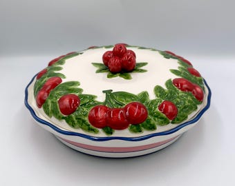 Recipiente de cerámica vintage para tarta de cerezas de Baum Brothers con tapa • Coleccionable Style Eyes