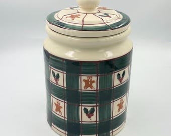Tarro para galletas de jengibre a cuadros de cerámica vintage de Hartstone Pottery • Bote de cerámica navideño
