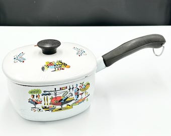 Cacerola vintage de esmalte / Olla con tapa MCM con diseño "Cosecha de pavo" / Decoración de cocina retro de los años 60