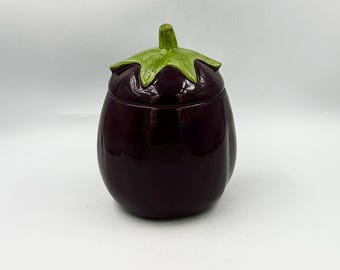 Vintage 1990 Ceramic Eggplant Canister • Kitsch Veggy Jar Storage