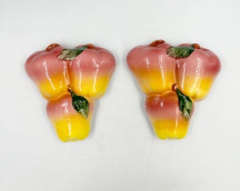 Vintage Apple Hanging Plaques • MCM Chalkware Wall Art