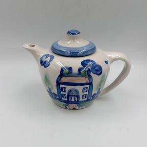 M.A. Hadley Pottery Teapot, House Pattern Stoneware Tea Pot • Handpainted Blue Country House