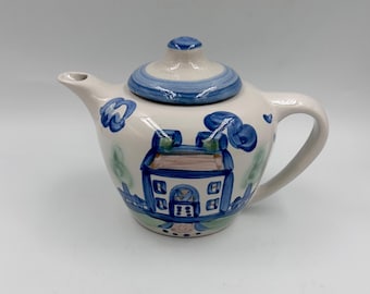 M.A. Hadley Pottery Teapot, House Pattern Stoneware Tea Pot • Handpainted Blue Country House