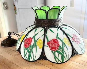 Crowned Tulip Lotus Slag Glass Pendant Light • 8 Panel Garden Floral Motif Chandelier