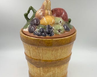 Vintage 1950s European Majolica Style Fruit Basket Cookie Jar Canister