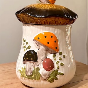 Op de afbeelding: Een paddenstoelvormige koekjespot van keramiek met een bruin en tan deksel en een witte body. De pot is versierd met kleurrijke paddenstoel- en plantontwerpen. Het deksel heeft een klein oranje paddenstoelaccent.