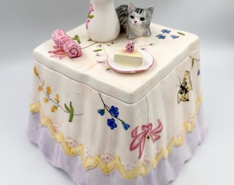 Vintage Cat On The Table Cottagecore Cookie Jar