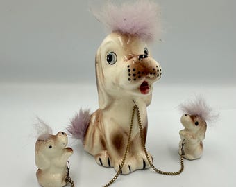 Vintage 1950s "Powder Puff" Chained Dog Family – Mid-Century Kitsch