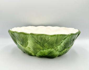 Vintage Majolica Cabbage Leaf Bowl • 1960s Mottahedeh Style Lettuce Ware Serving Dish