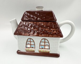 Vintage 1985 Ron Gordon Designs Ceramic Cottage Teapot • Whimsical Cat & House Motif