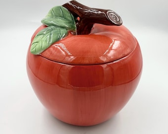 Vintage 1990s Glossy Red Apple Ceramic Cookie Jar - Retro Kitchen Canister
