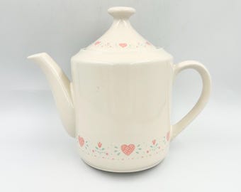 Vintage Corelle Forever Yours Teapot • Country Pastel Pink Hearts & Tulips 6 Cup Server