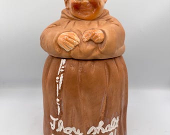 Vintage Twin Winton Friar Tuck Cookie Jar • MCM California Pottery Thou Shalt Not Steal!